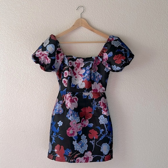 Lulu’s So Stunning Black Multi Floral Jacquard Puff Sleeve Mini Dress - Picture 2 of 6